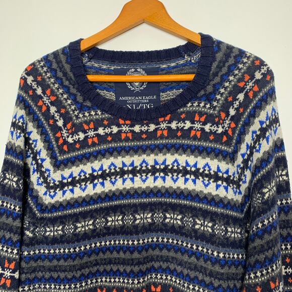 American Eagle men's blue fairisle pattern angora rabbit hair knit sweater SZ XL - Picture 3 of 11